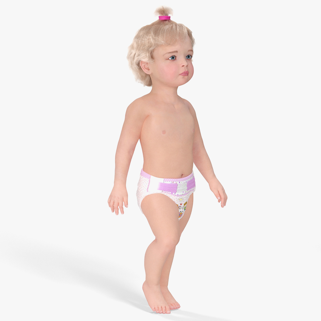 3D One Year Old Girl in Diaper Fur Rigged model