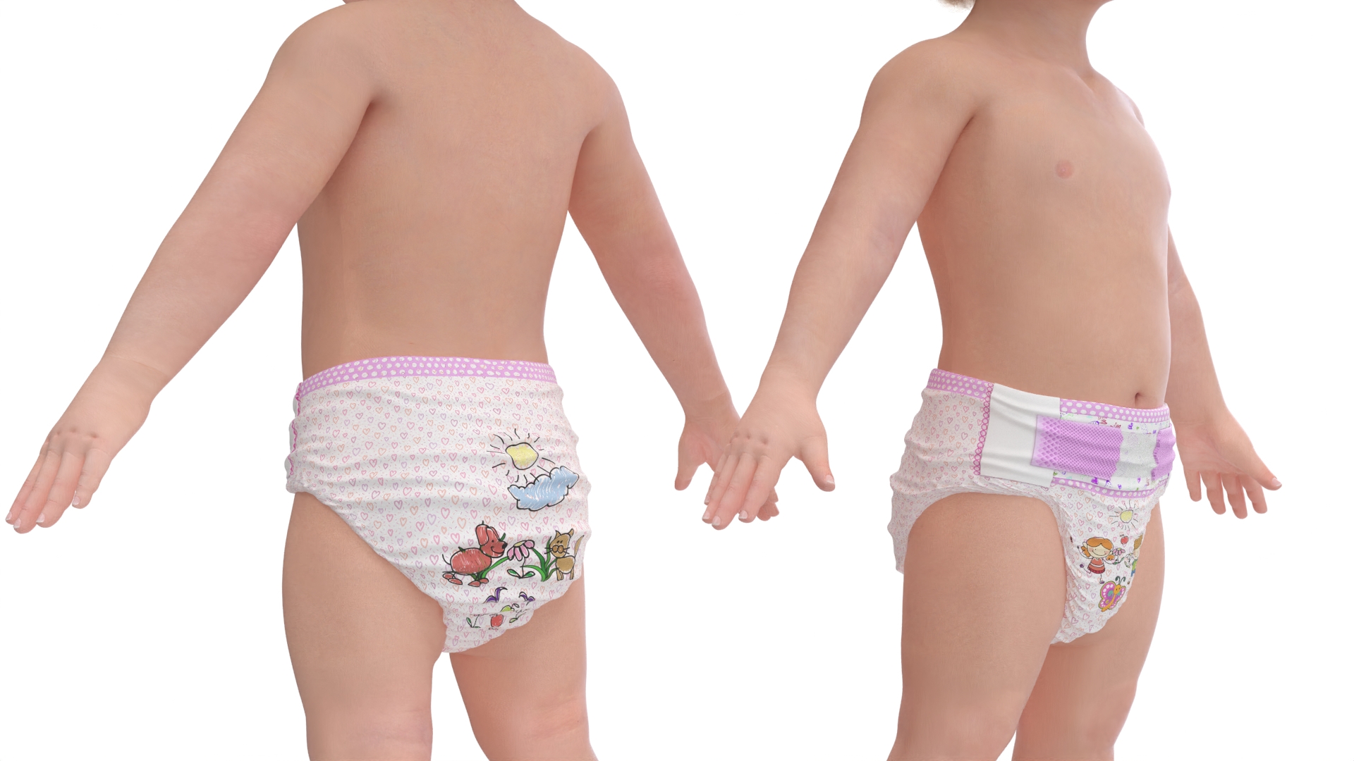 3D One Year Old Girl in Diaper Fur Rigged model