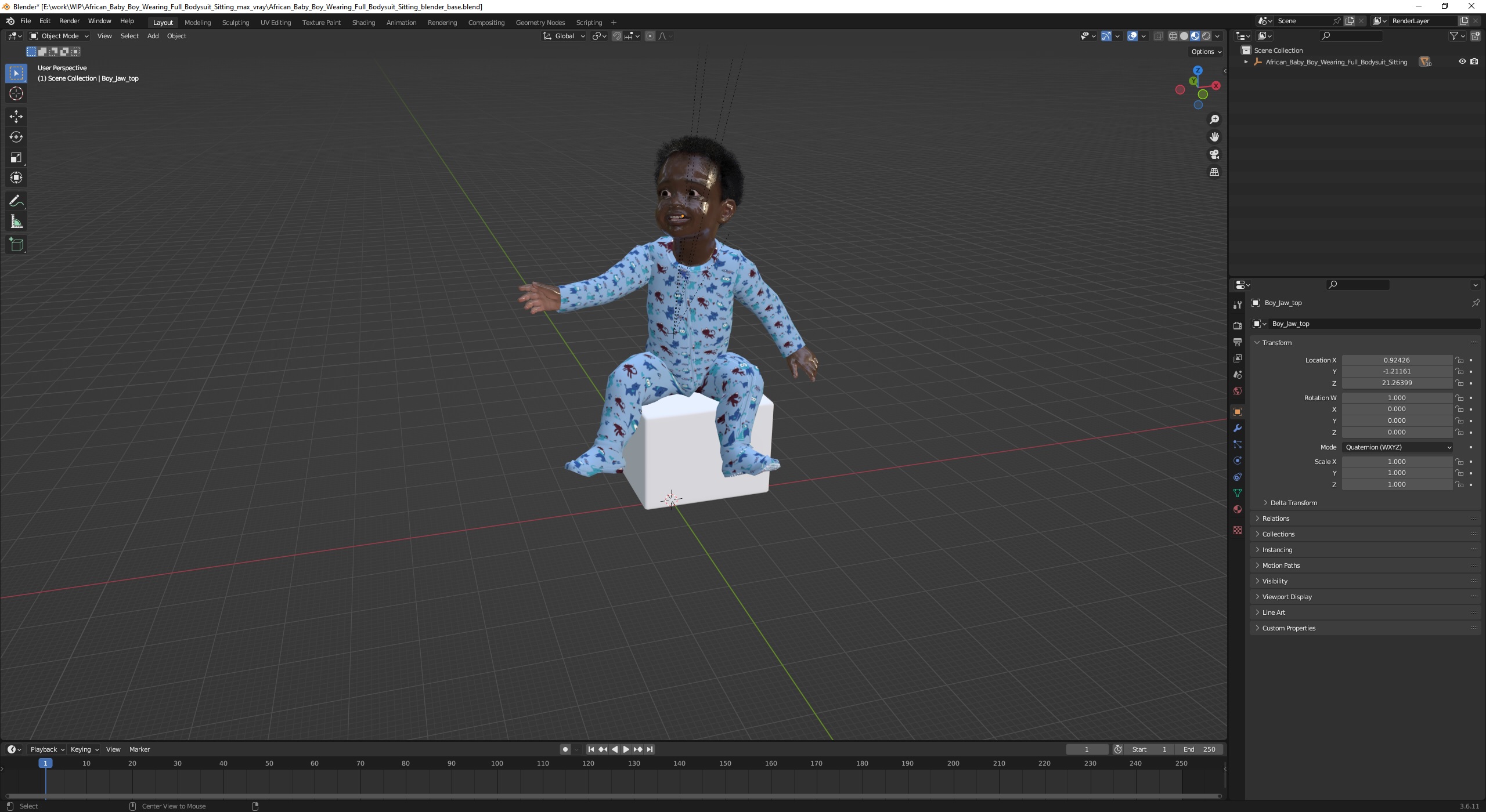 3D African Baby Boy Wearing Full Bodysuit Sitting