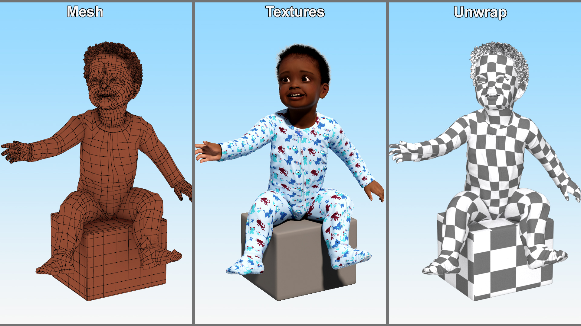 3D African Baby Boy Wearing Full Bodysuit Sitting
