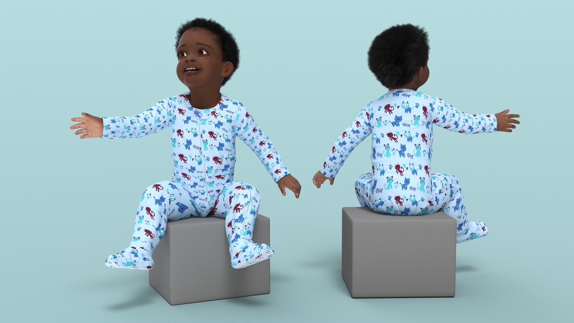 3D African Baby Boy Wearing Full Bodysuit Sitting