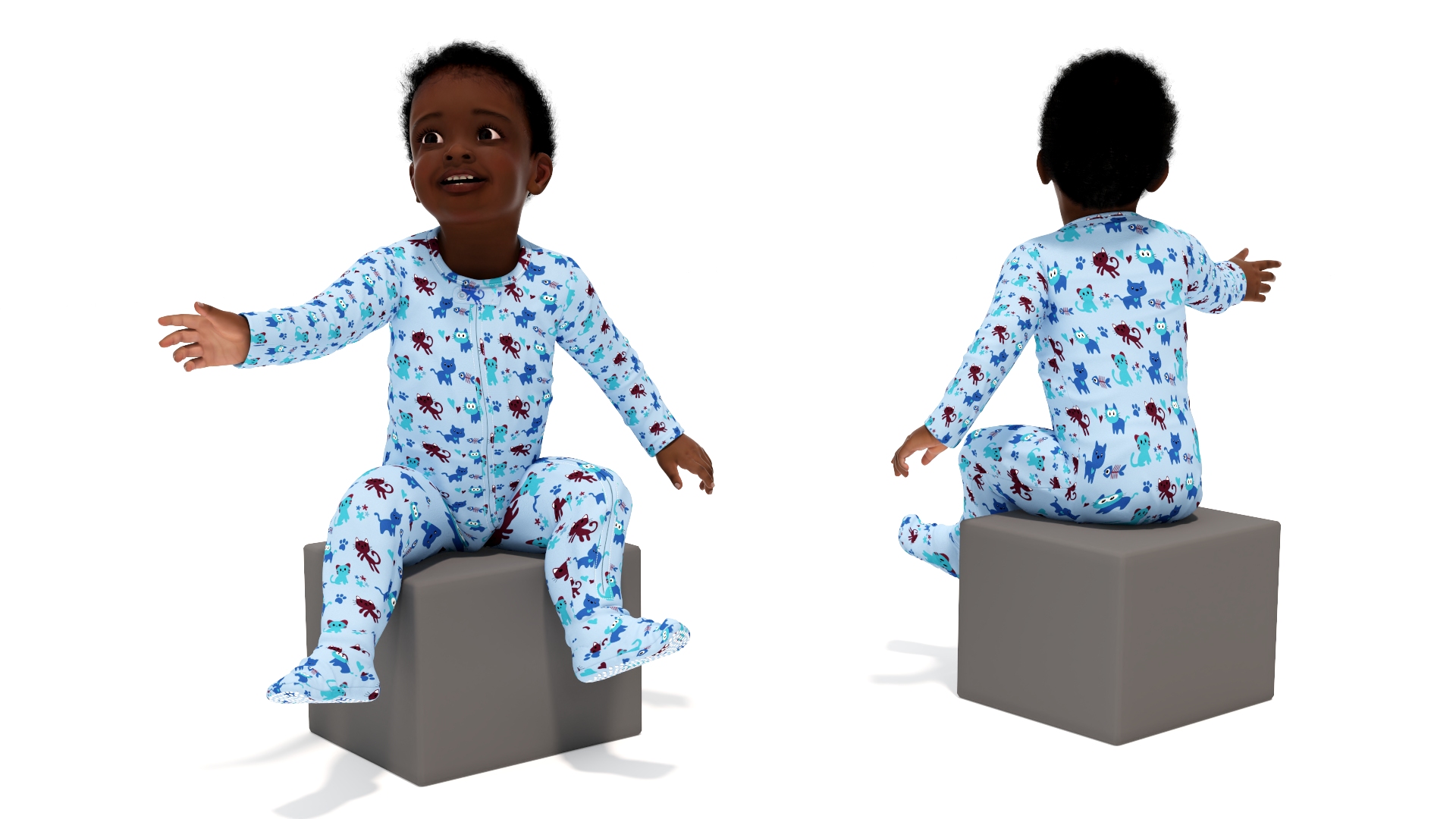 3D African Baby Boy Wearing Full Bodysuit Sitting