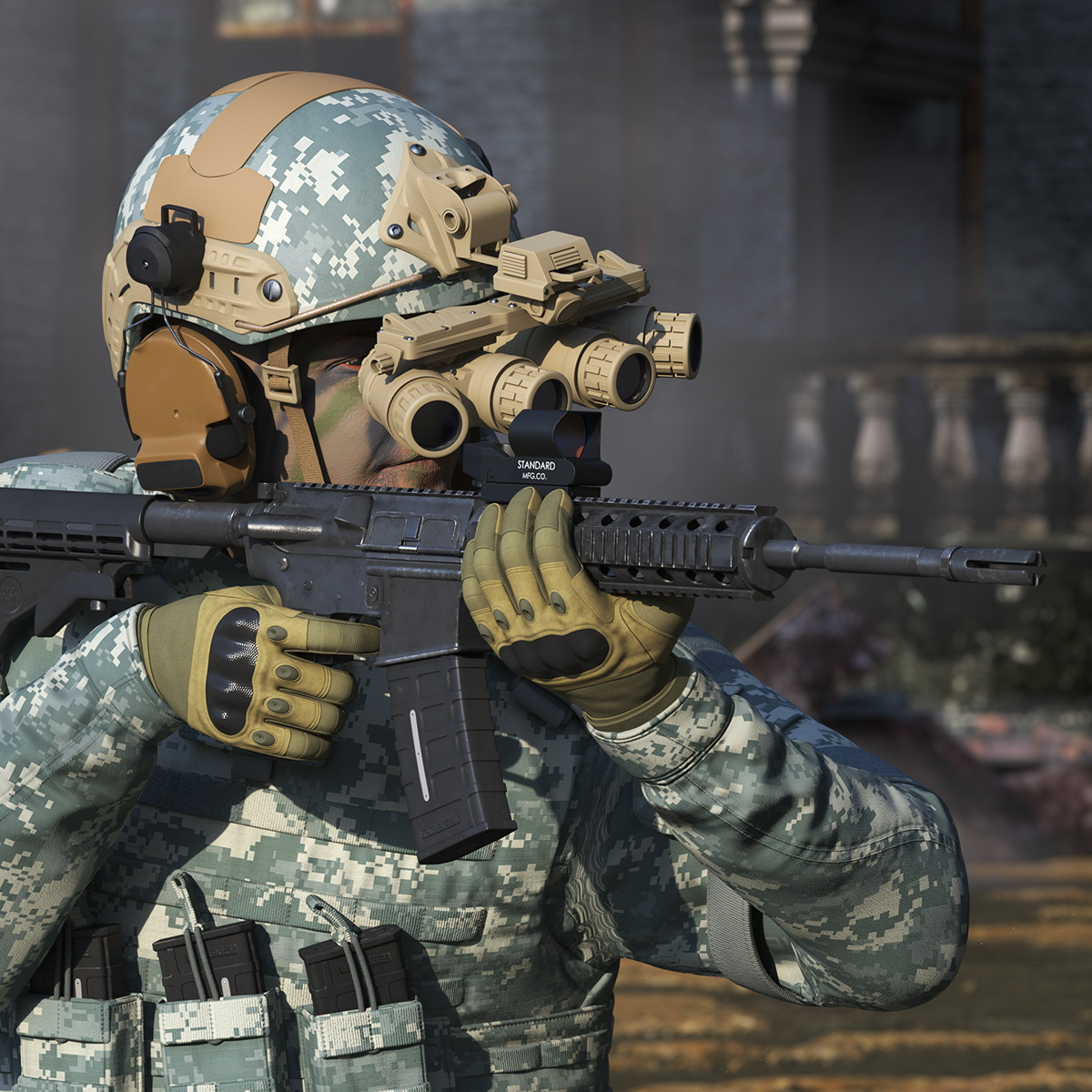 3D model Soldier Grey Camo with Night Visor Rigged for Cinema 4D
