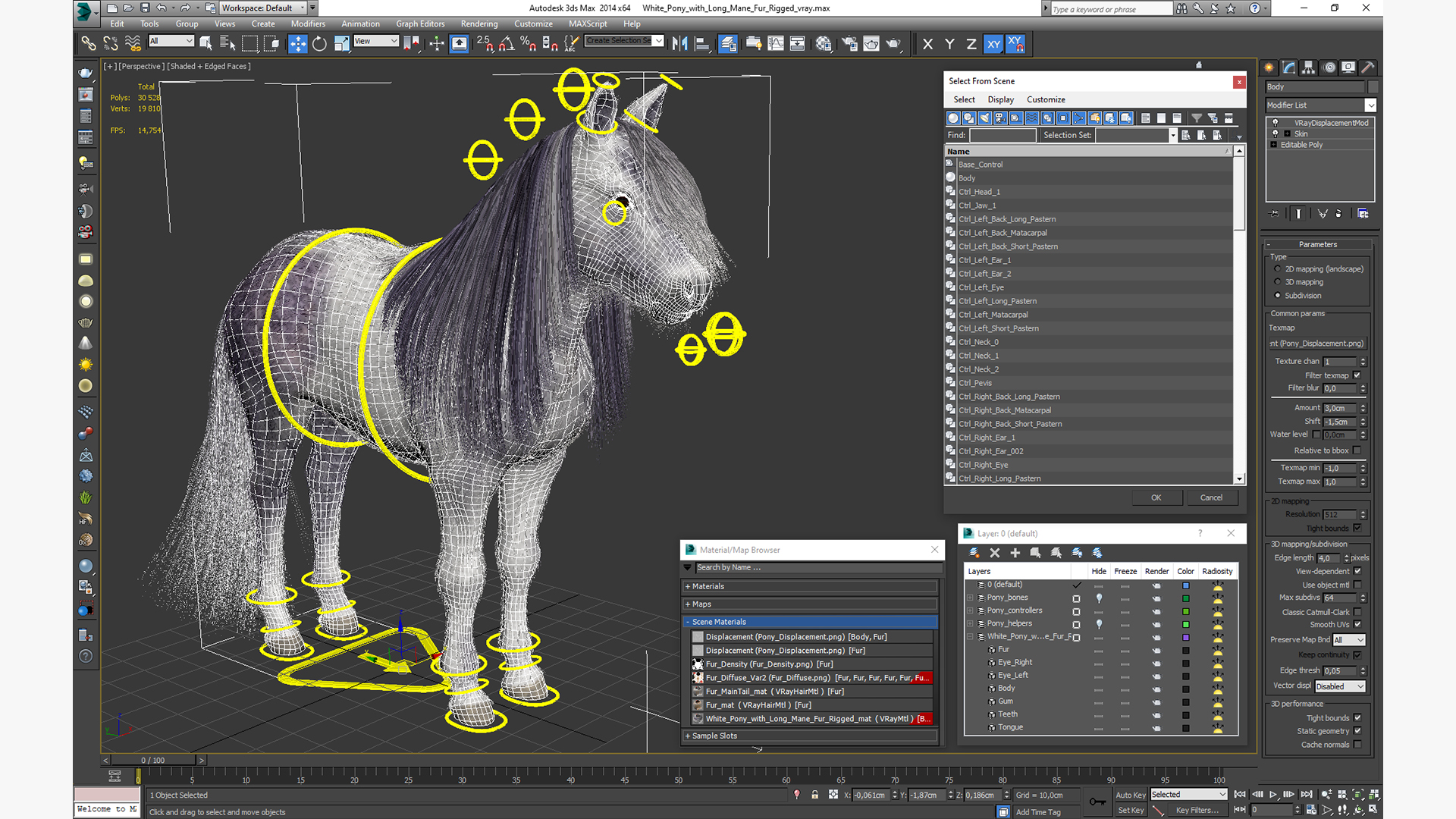 3D White Pony with Long Mane Fur Rigged