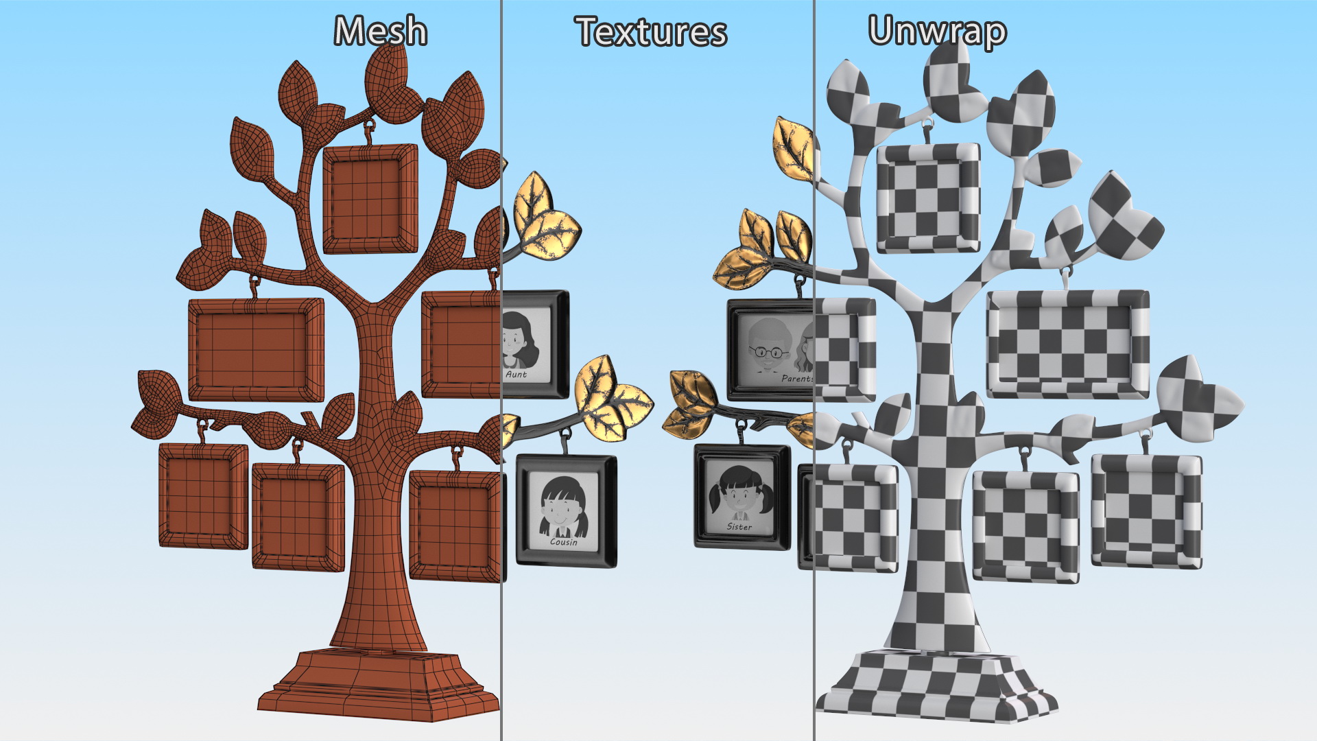 Gold Photo Frame with Black Family Tree 3D model