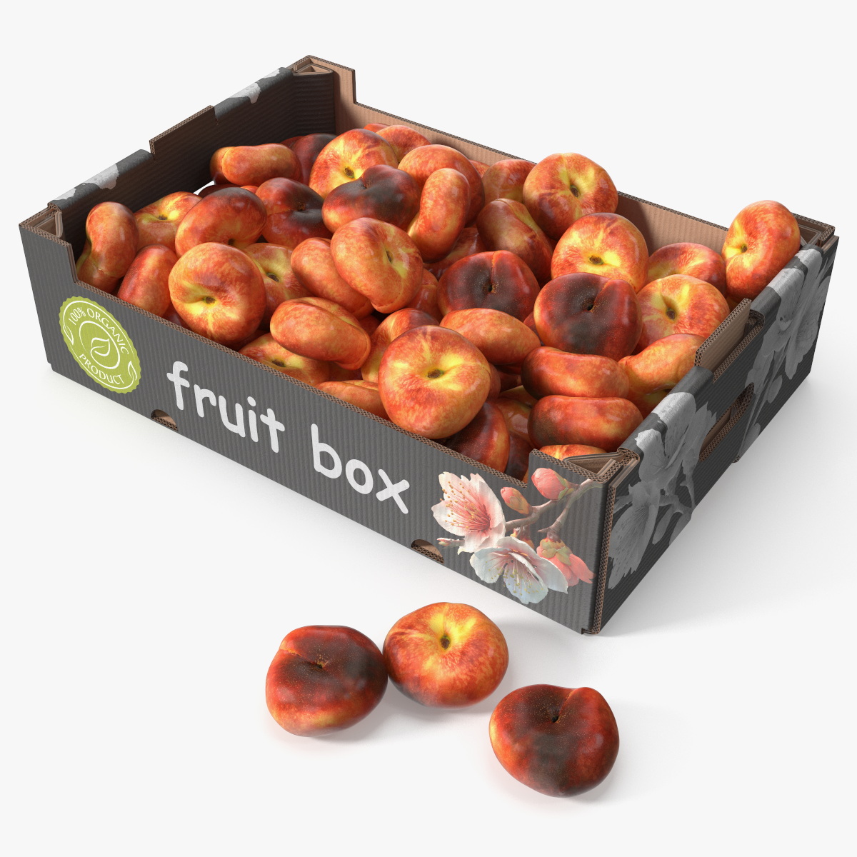 Organic Flat Peaches in Corrugated Box 3D model preview
