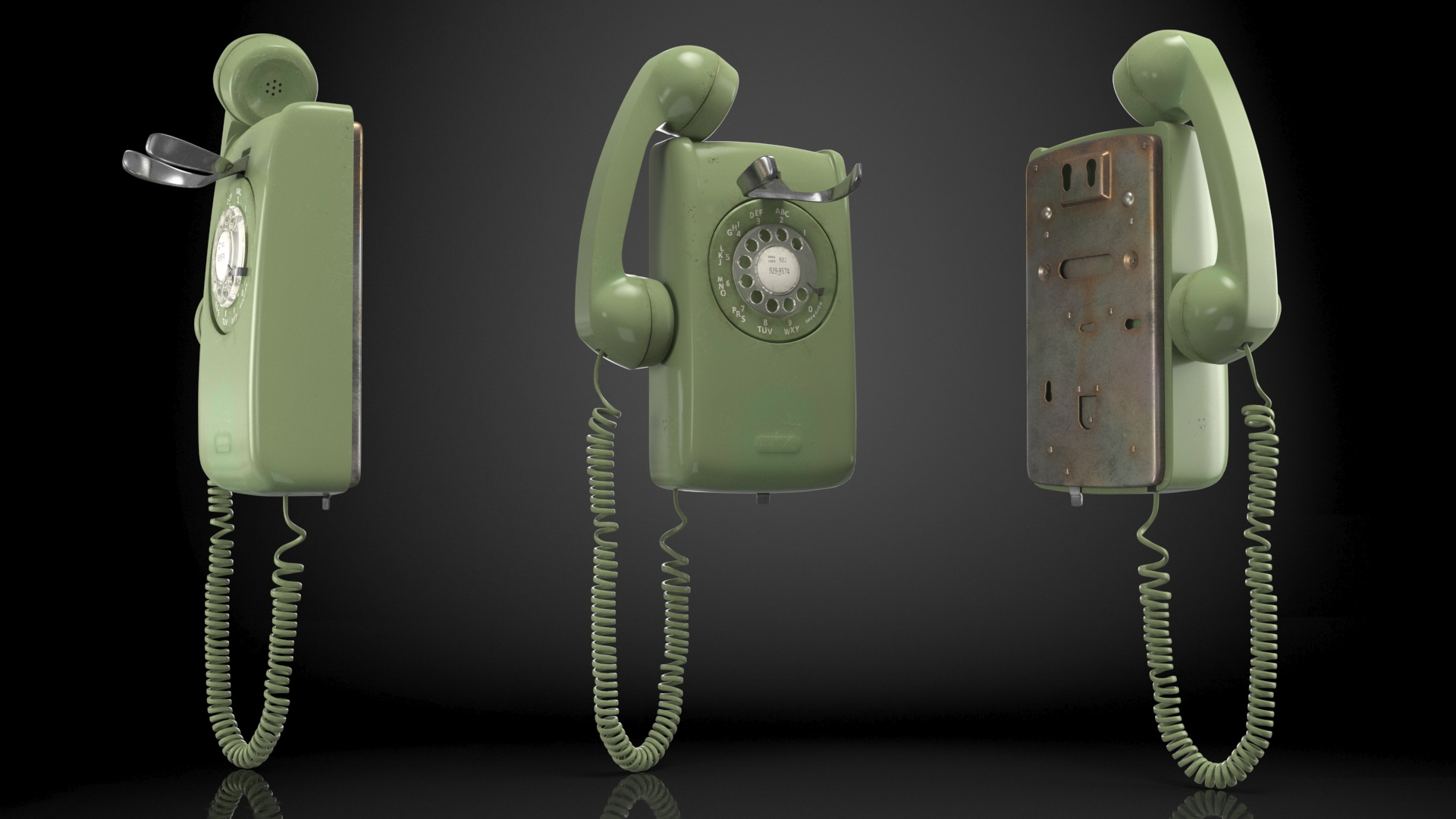 3D Vintage Corded Rotary Wall Phone Green model