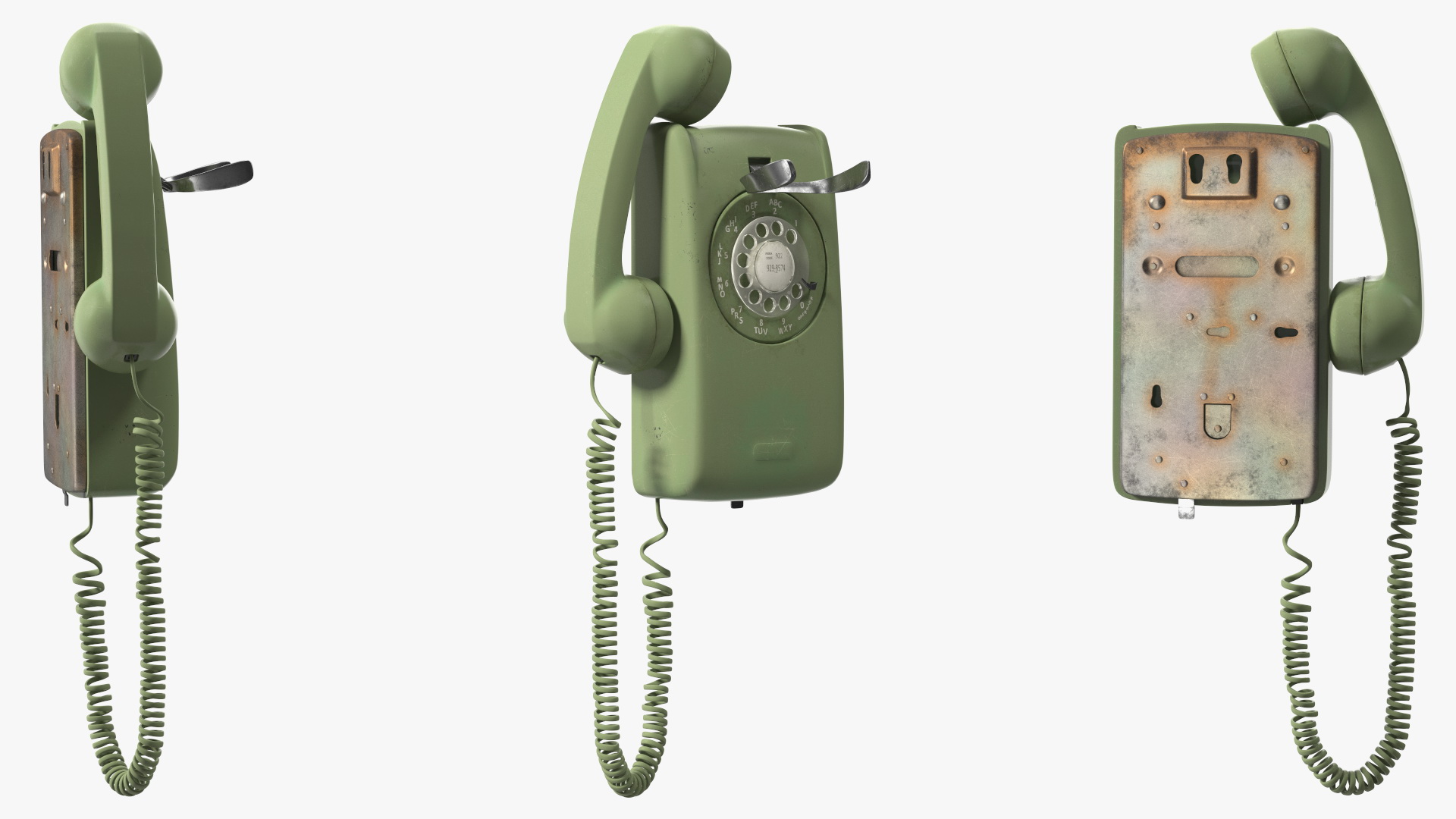3D Vintage Corded Rotary Wall Phone Green model