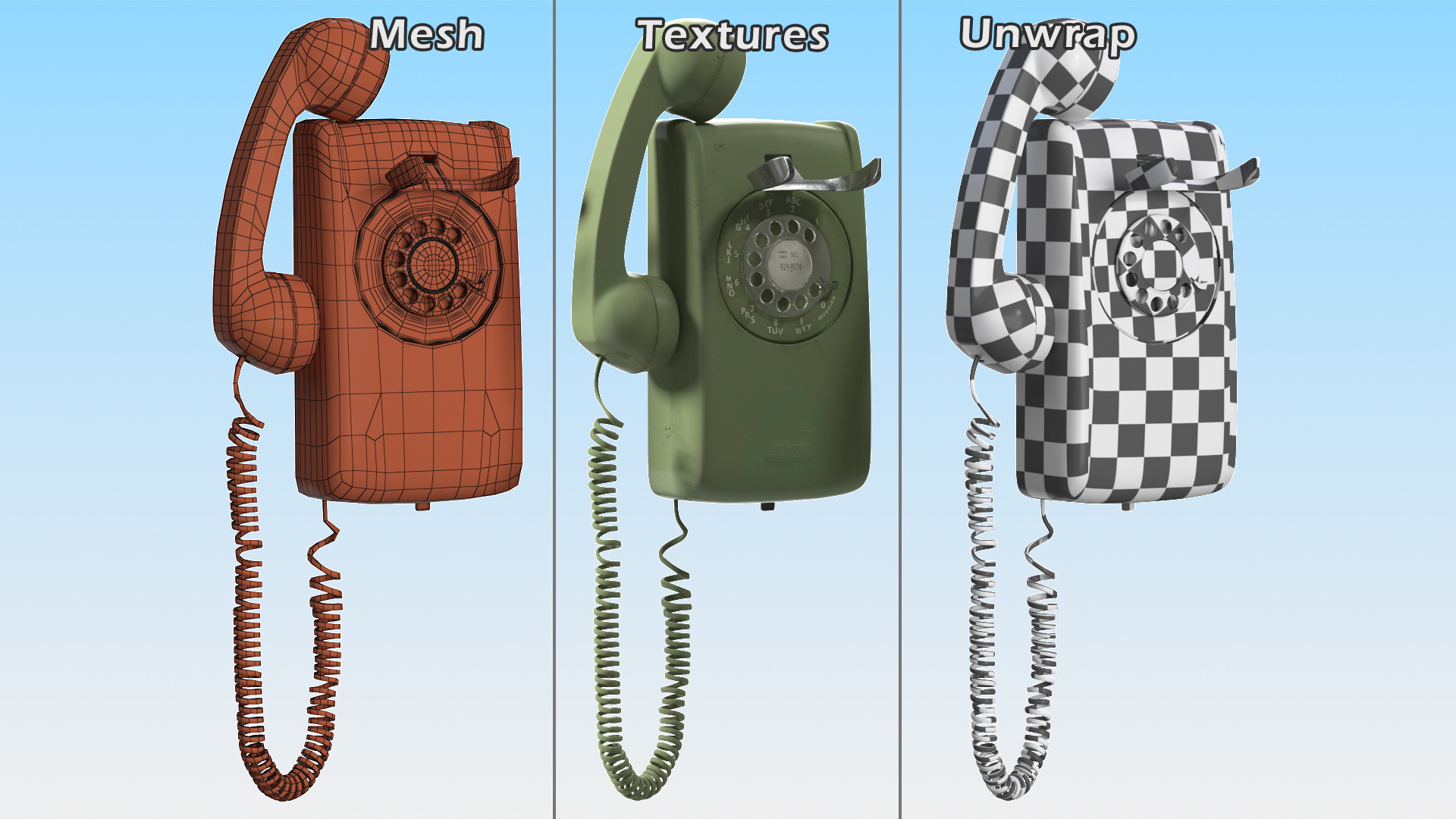 3D Vintage Corded Rotary Wall Phone Green model