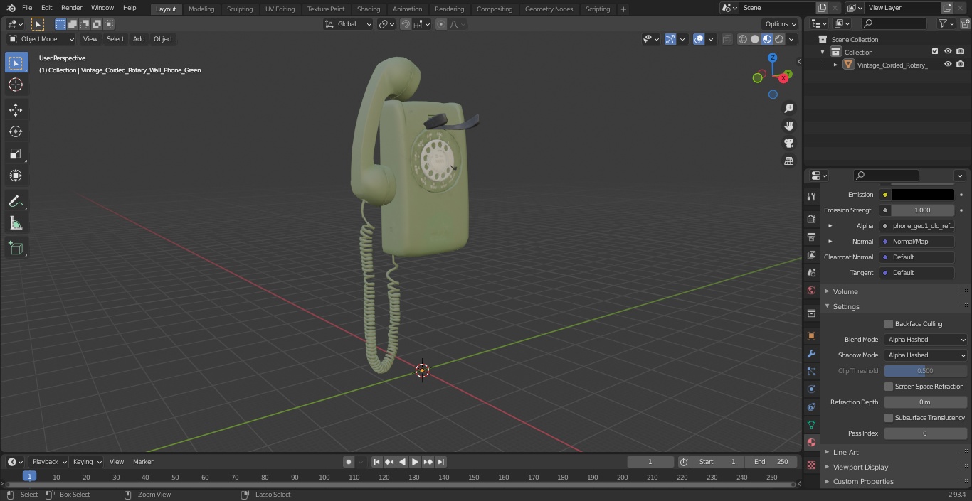 3D Vintage Corded Rotary Wall Phone Green model