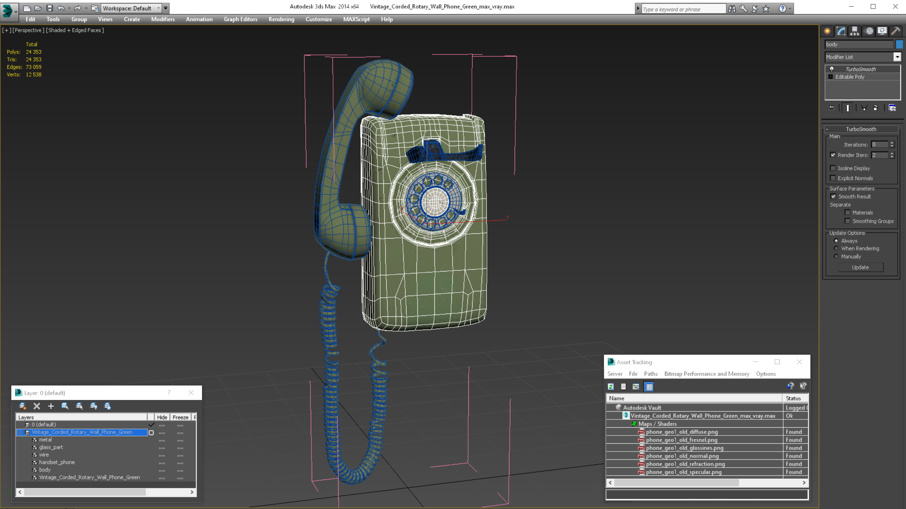 3D Vintage Corded Rotary Wall Phone Green model