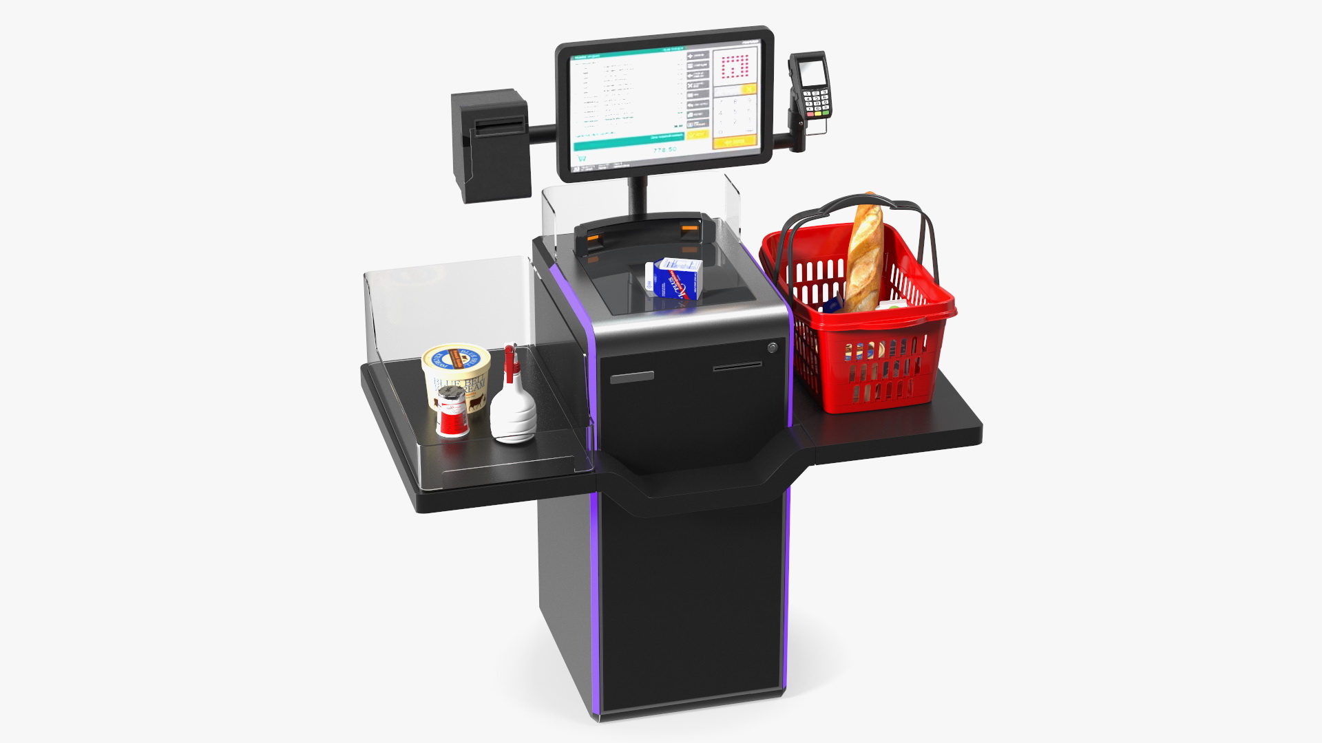 3D Self Service Checkout System Black with Basket And Goods