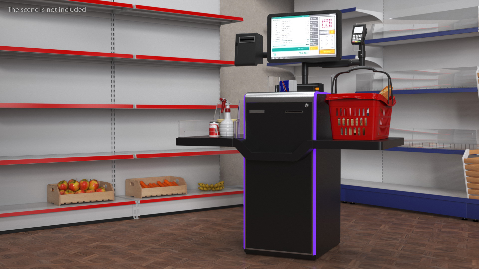 3D Self Service Checkout System Black with Basket And Goods