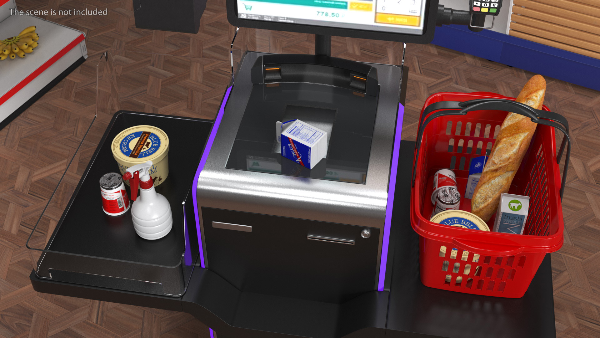 3D Self Service Checkout System Black with Basket And Goods