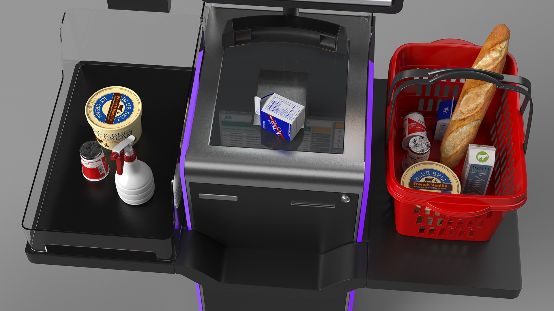 3D Self Service Checkout System Black with Basket And Goods