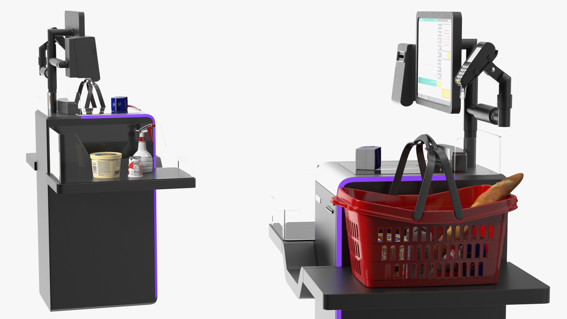 3D Self Service Checkout System Black with Basket And Goods