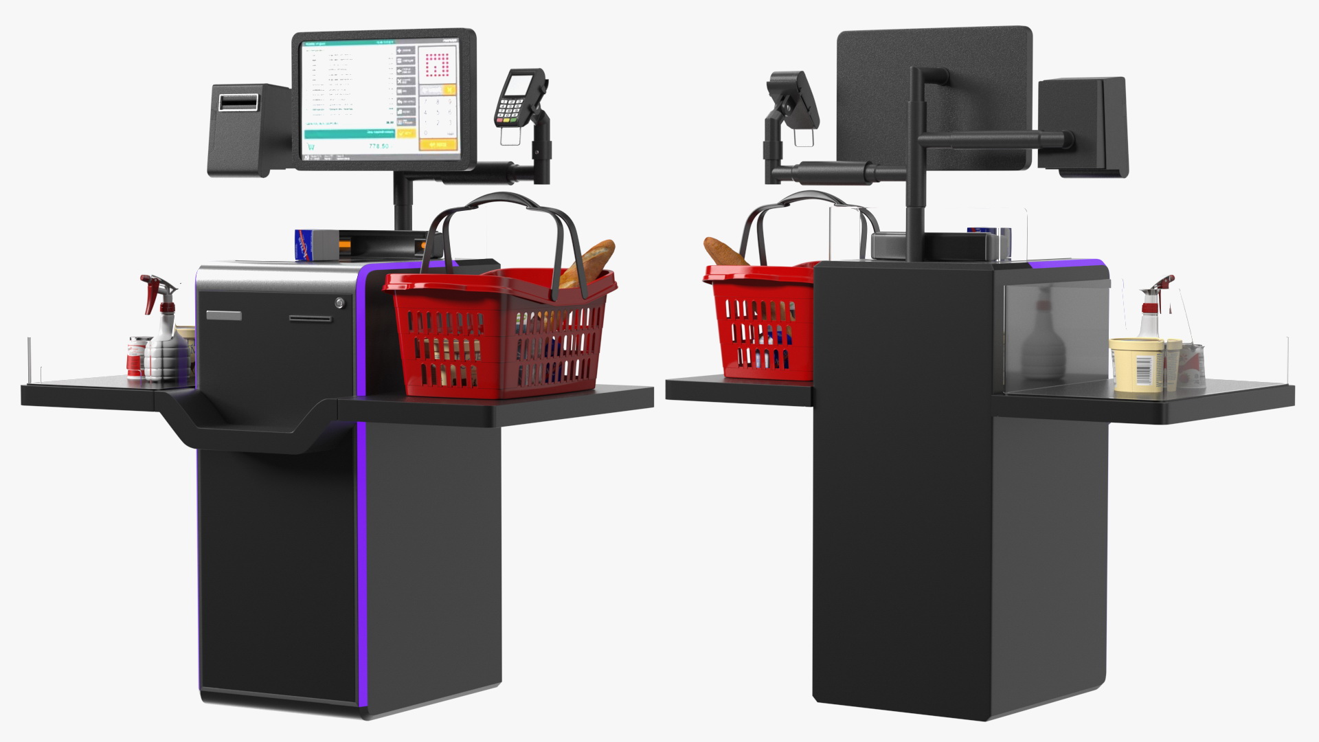 3D Self Service Checkout System Black with Basket And Goods