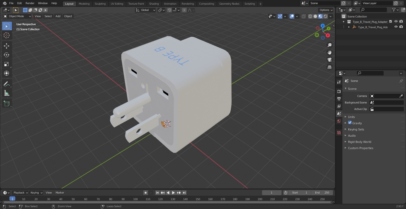 Type B Travel Plug Adapter White 3D