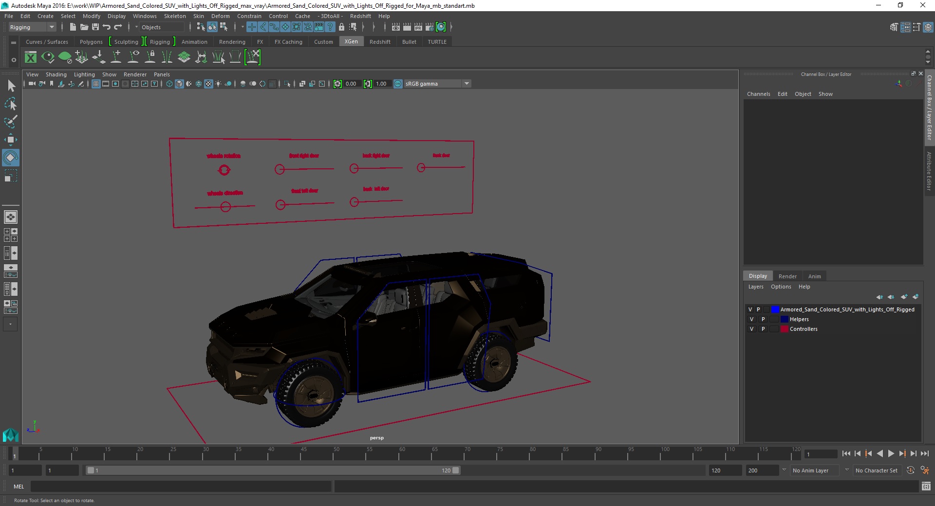3D Armored Sand Colored SUV with Lights Off Rigged for Maya
