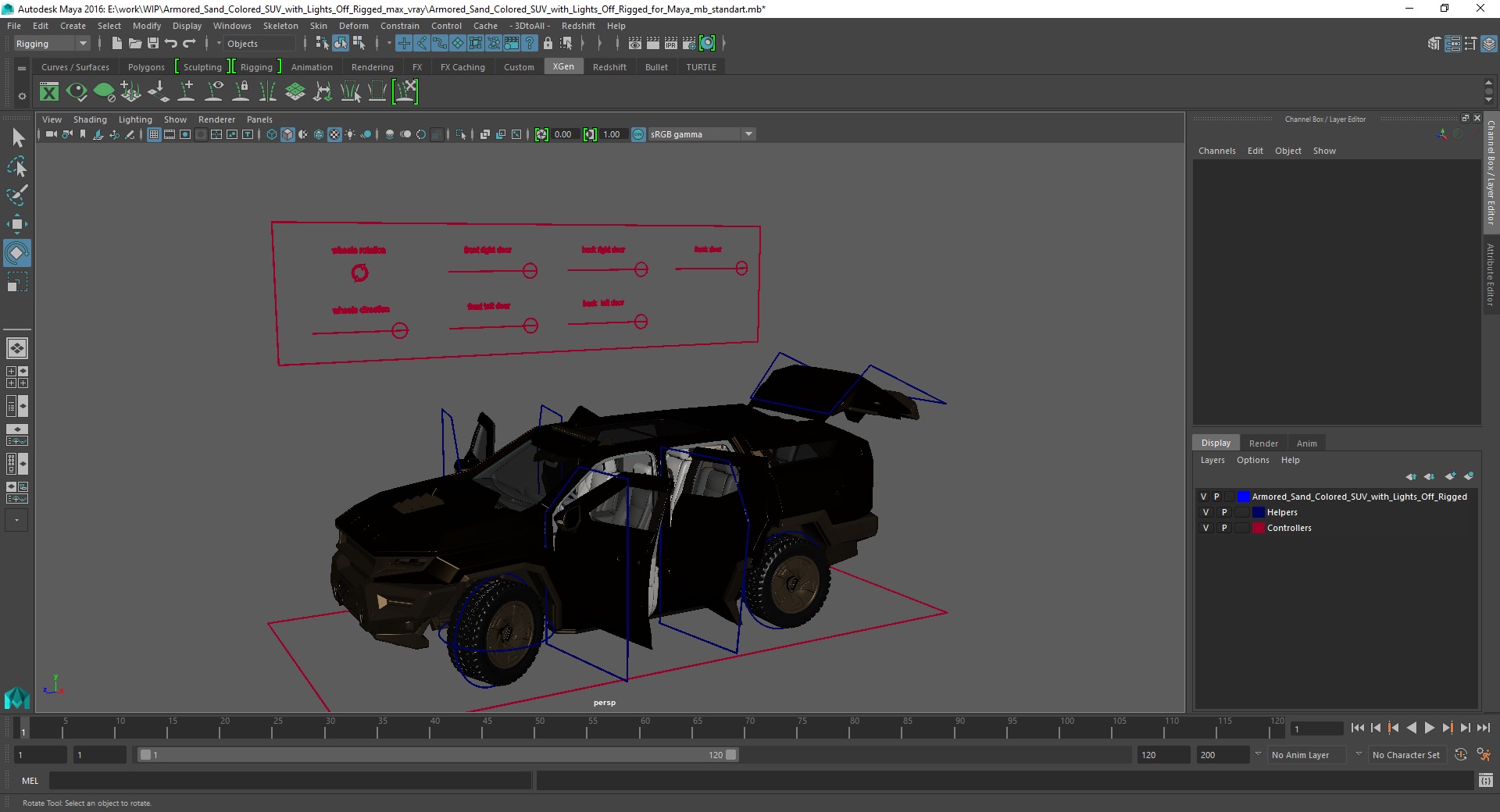 3D Armored Sand Colored SUV with Lights Off Rigged for Maya