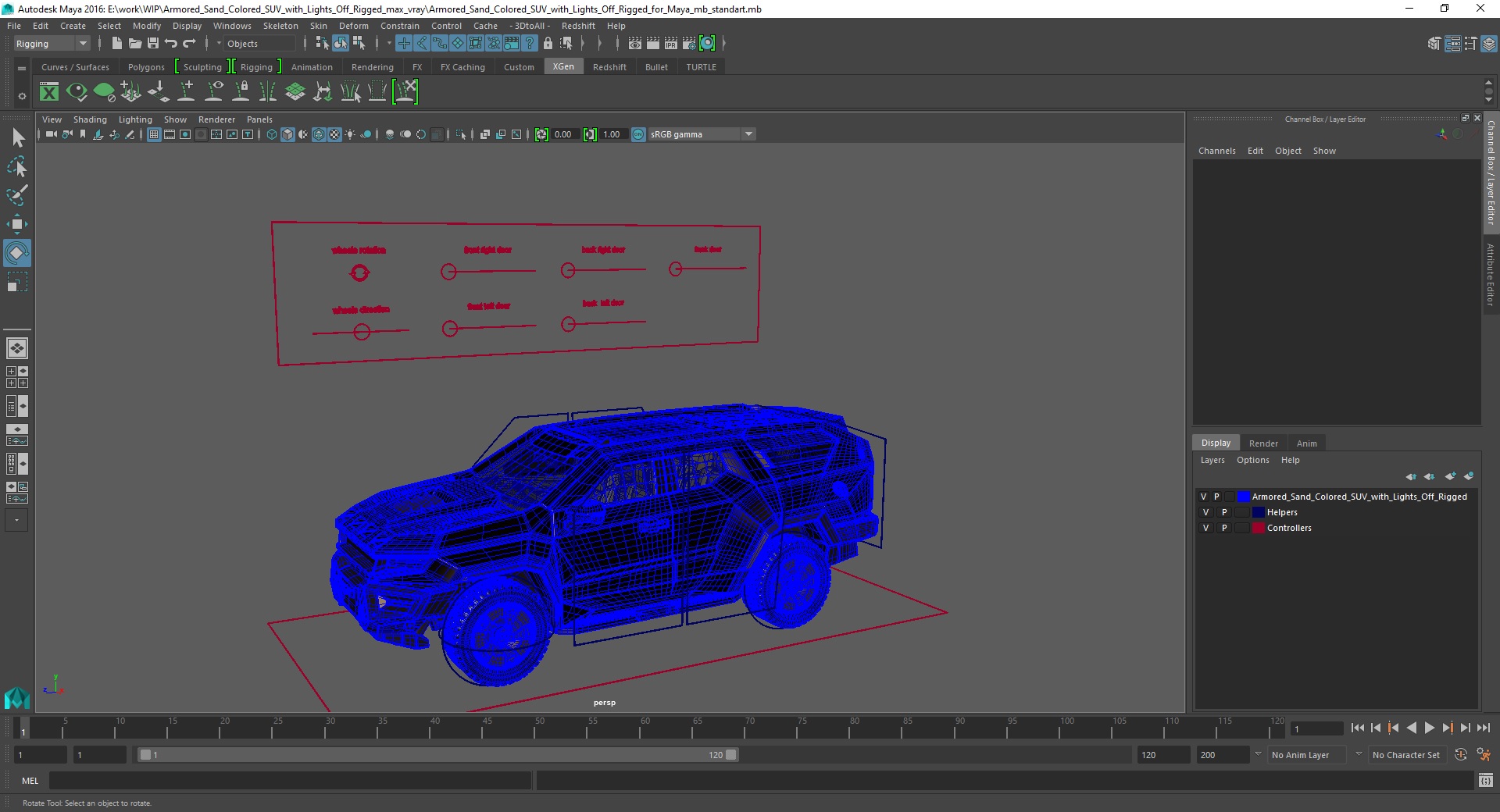 3D Armored Sand Colored SUV with Lights Off Rigged for Maya
