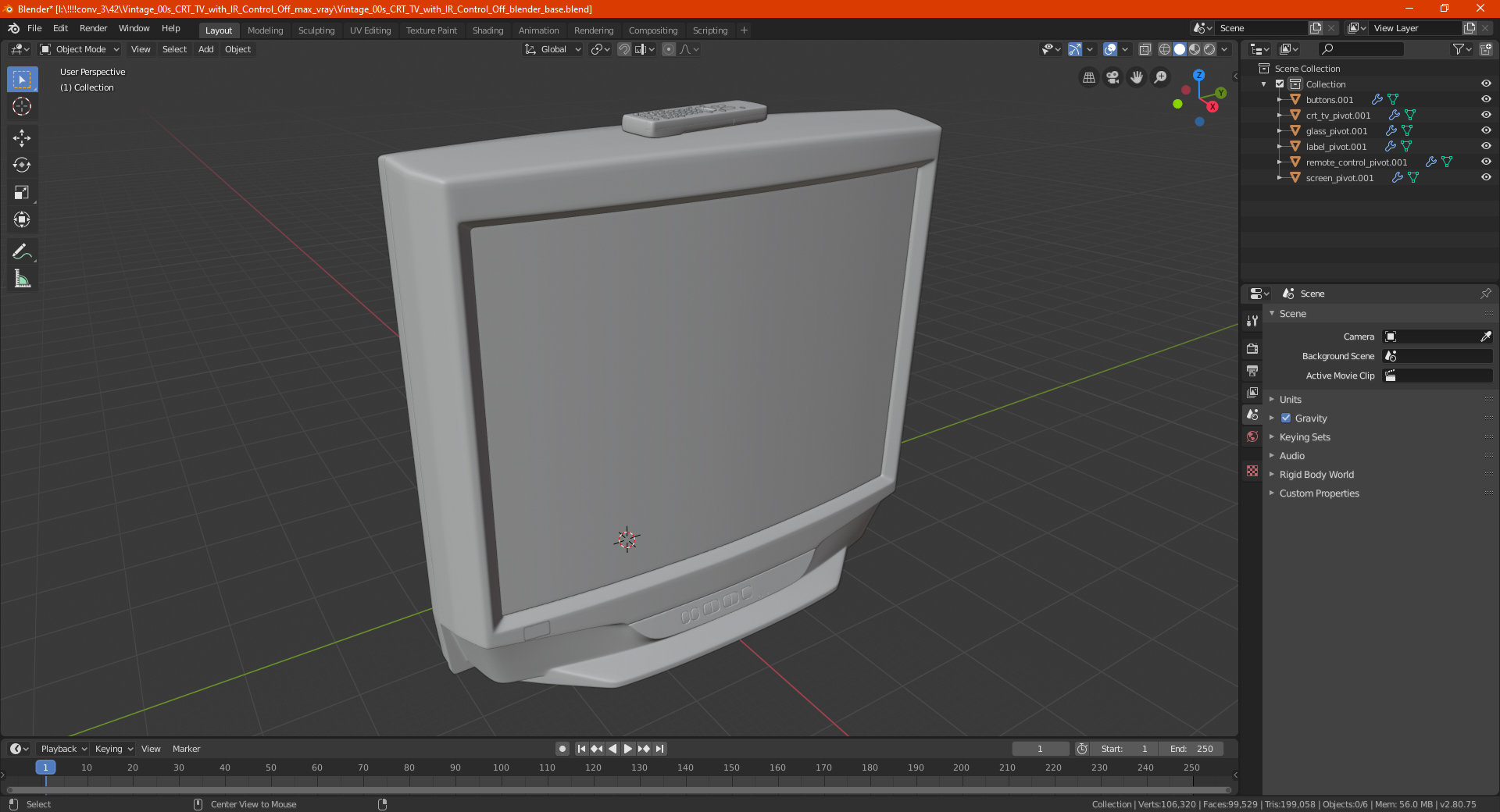 3D Vintage 00s CRT TV with IR Control Off model