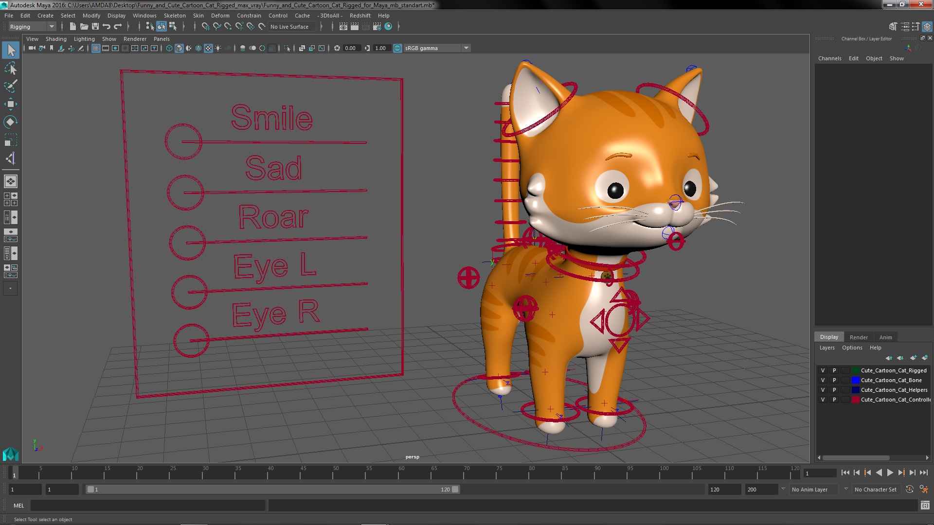 Funny and Cute Cartoon Cat Rigged for Maya 3D