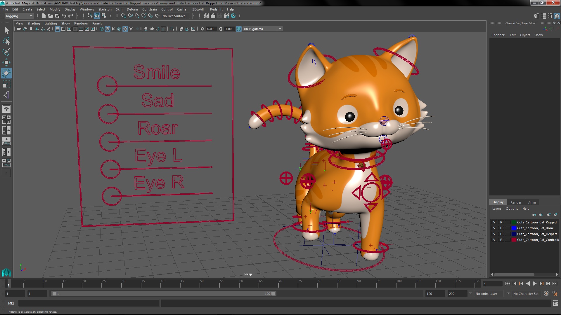 Funny and Cute Cartoon Cat Rigged for Maya 3D