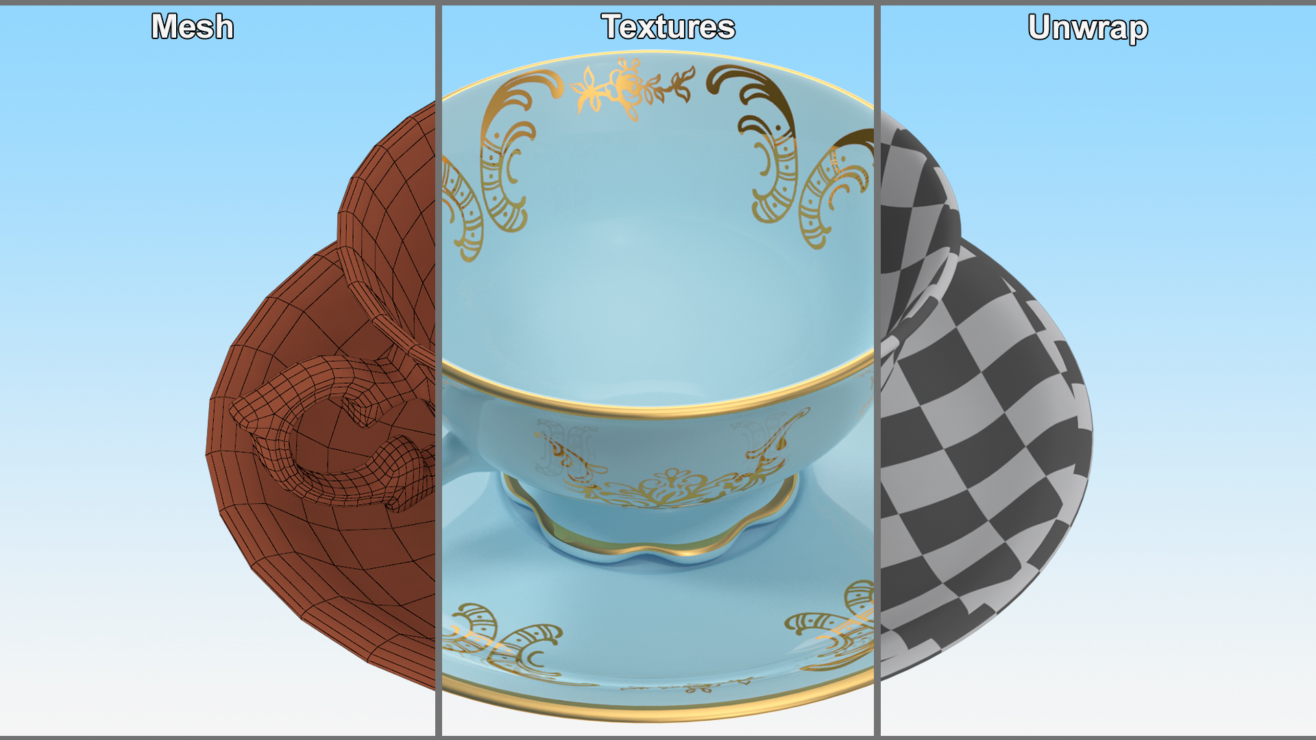 3D model Vintage Teacup and Saucer Blue