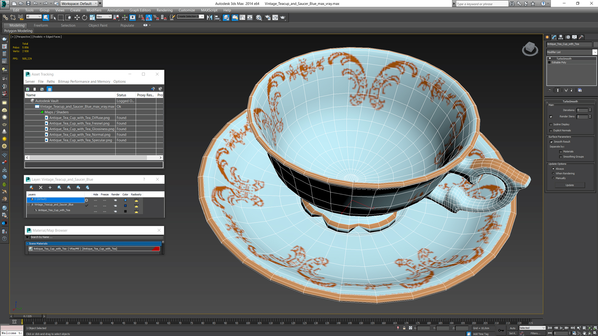 3D model Vintage Teacup and Saucer Blue
