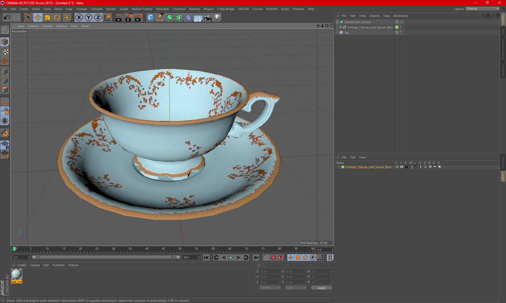 3D model Vintage Teacup and Saucer Blue