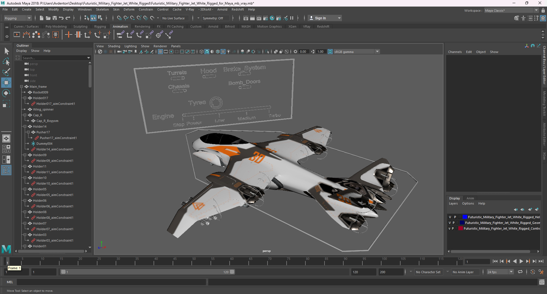 3D Futuristic Military Fighter Jet White Rigged for Maya model
