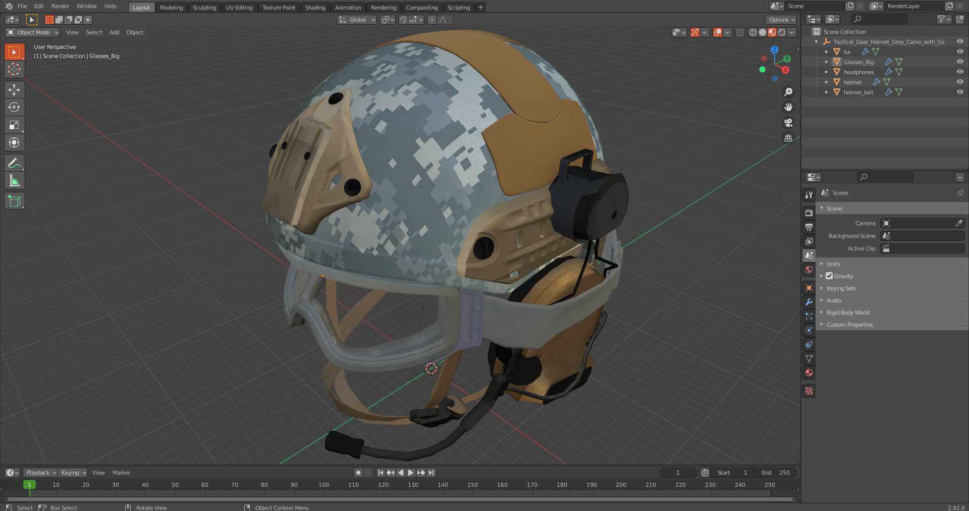 3D Tactical Gear Helmet Grey Camo with Goggles model