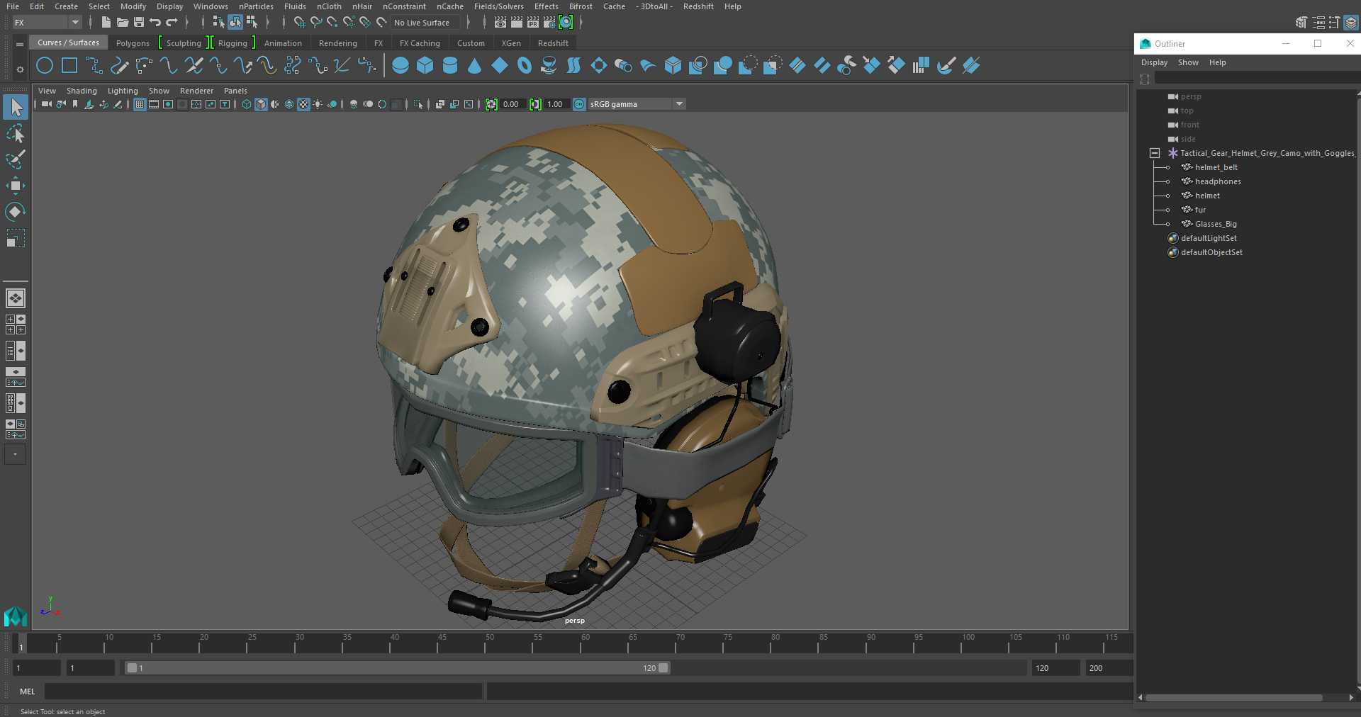 3D Tactical Gear Helmet Grey Camo with Goggles model