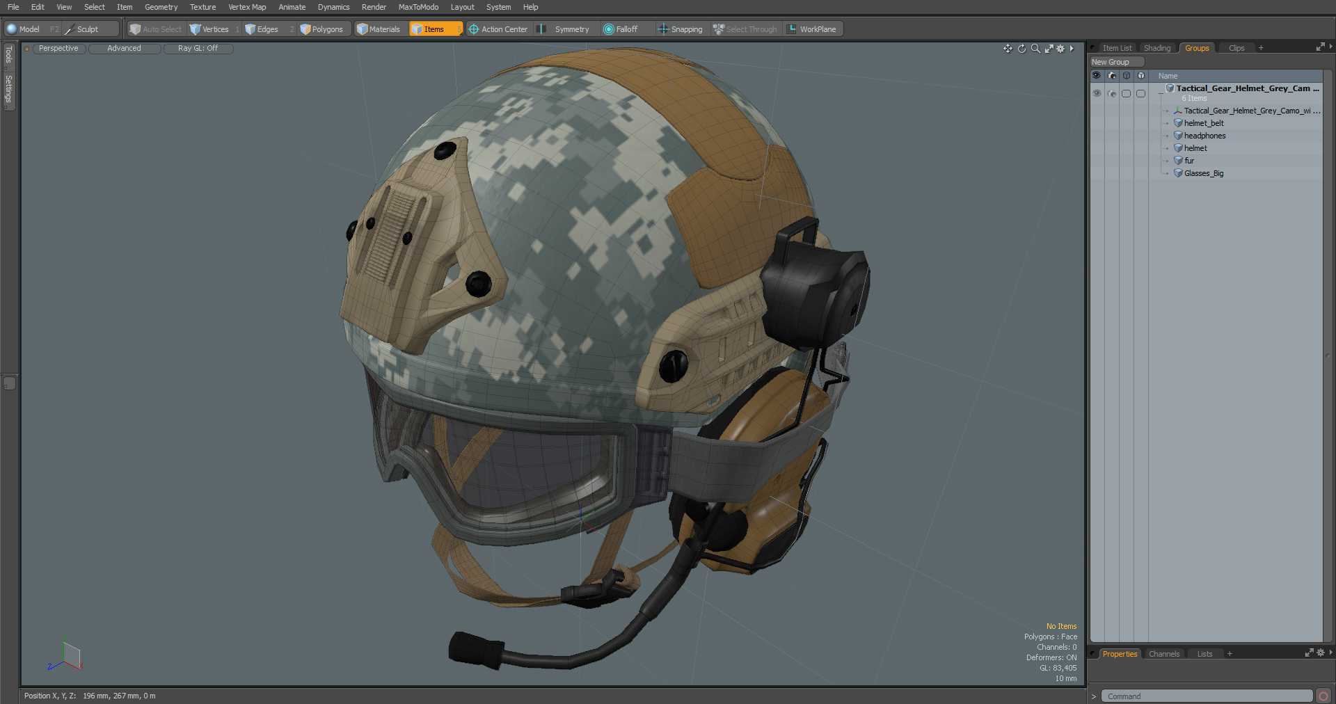 3D Tactical Gear Helmet Grey Camo with Goggles model