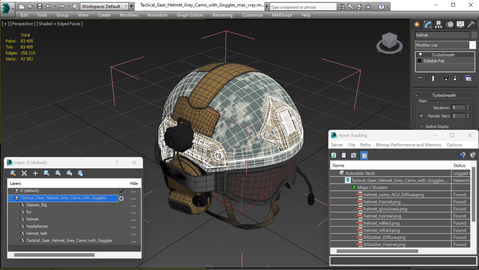 3D Tactical Gear Helmet Grey Camo with Goggles model