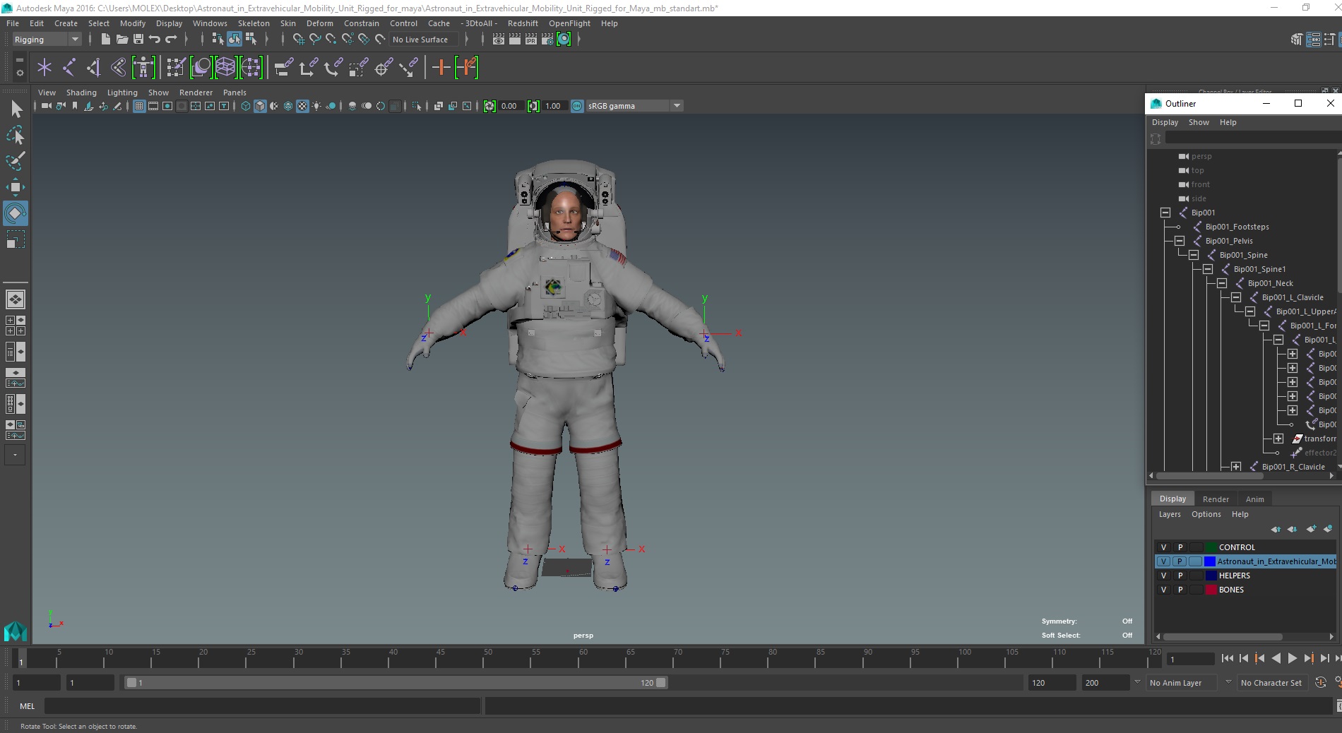 Astronaut in Extravehicular Mobility Unit Rigged for Maya 3D