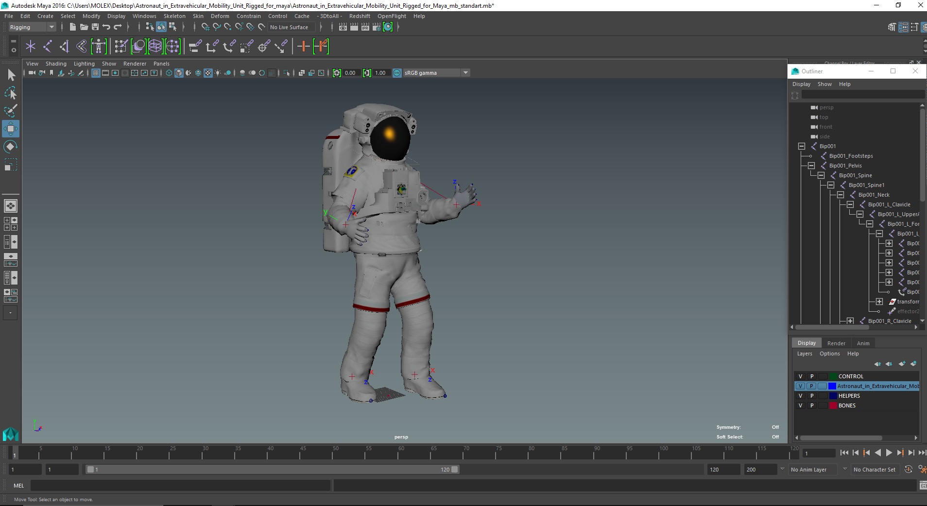 Astronaut in Extravehicular Mobility Unit Rigged for Maya 3D