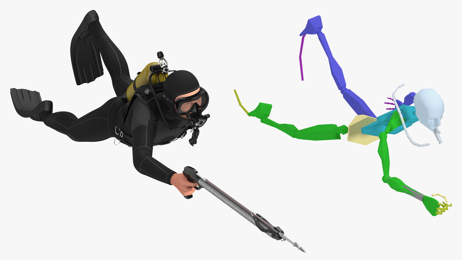 3D Diver with Underwater Speargun Rigged for Maya