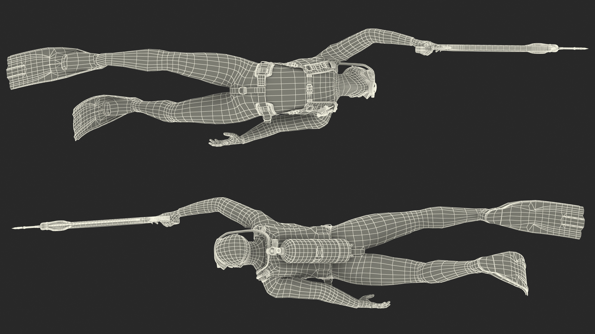 3D Diver with Underwater Speargun Rigged for Maya
