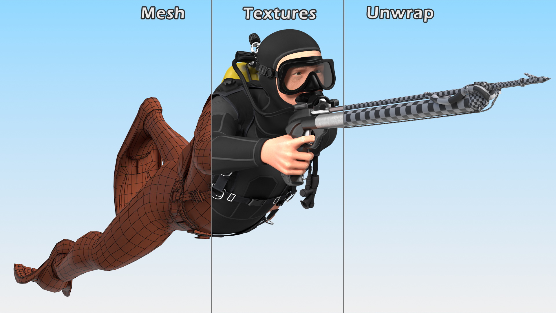 3D Diver with Underwater Speargun Rigged for Maya