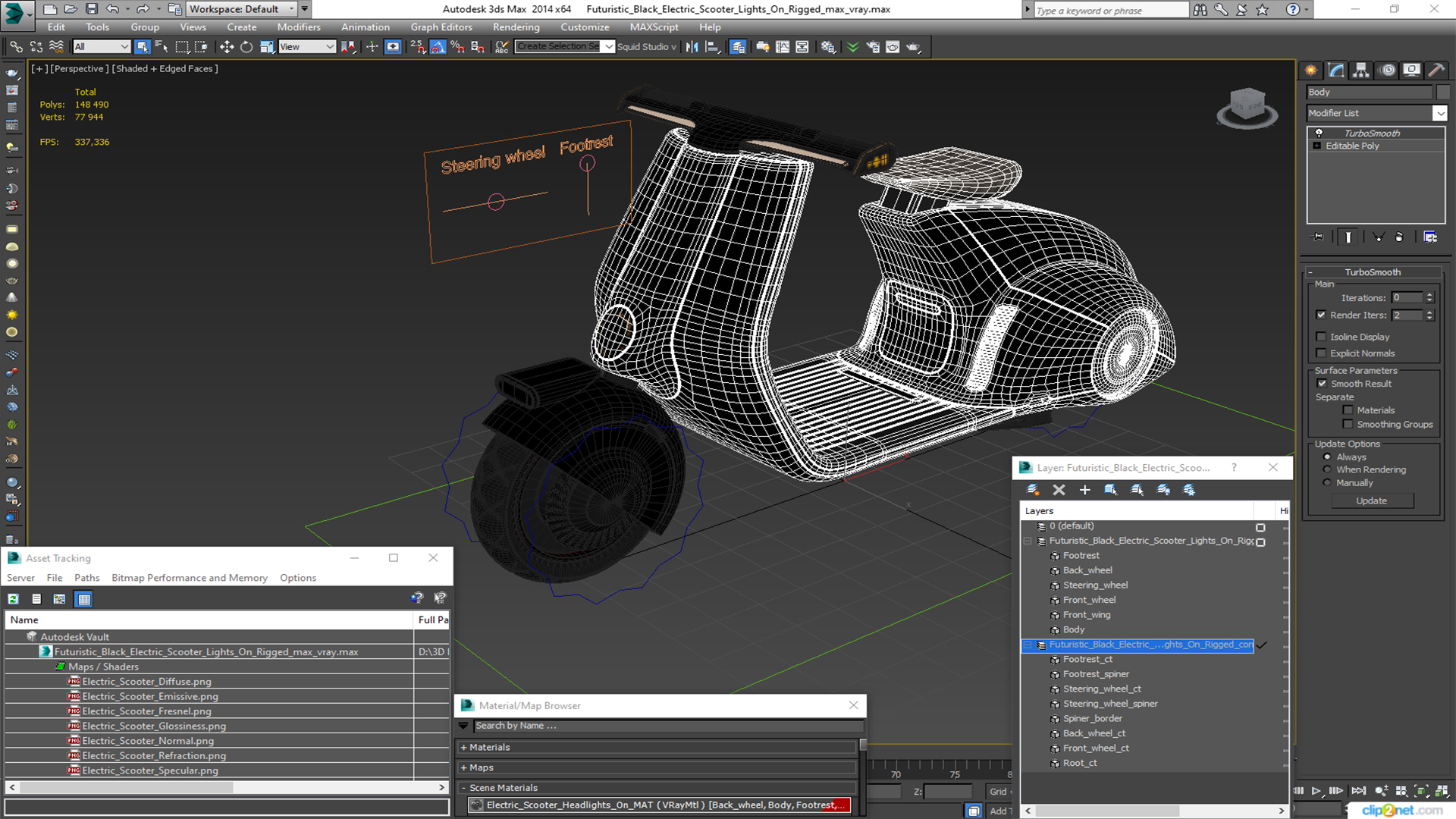 3D model Futuristic Black Electric Scooter Lights On Rigged