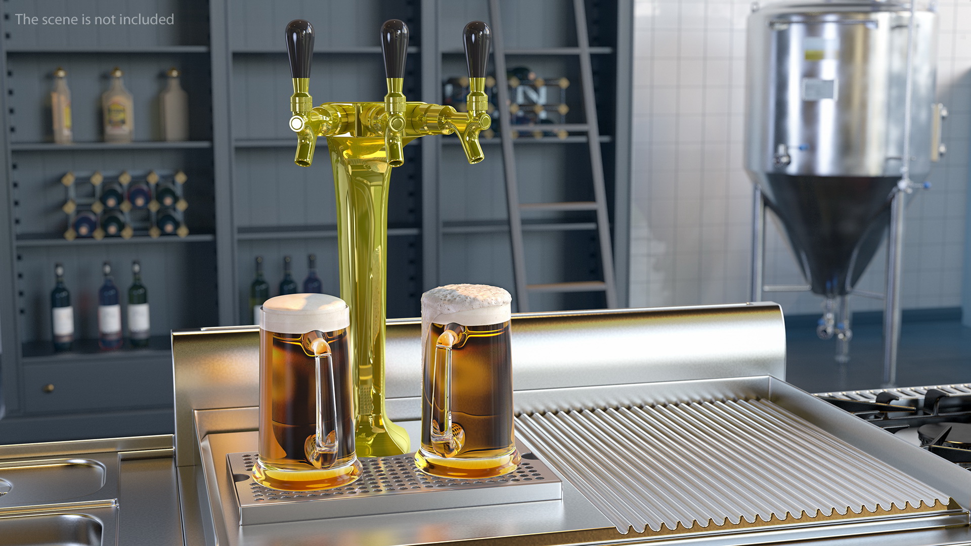 3D Triple Tap Brass Draft Beer Tower with Beer Mugs model