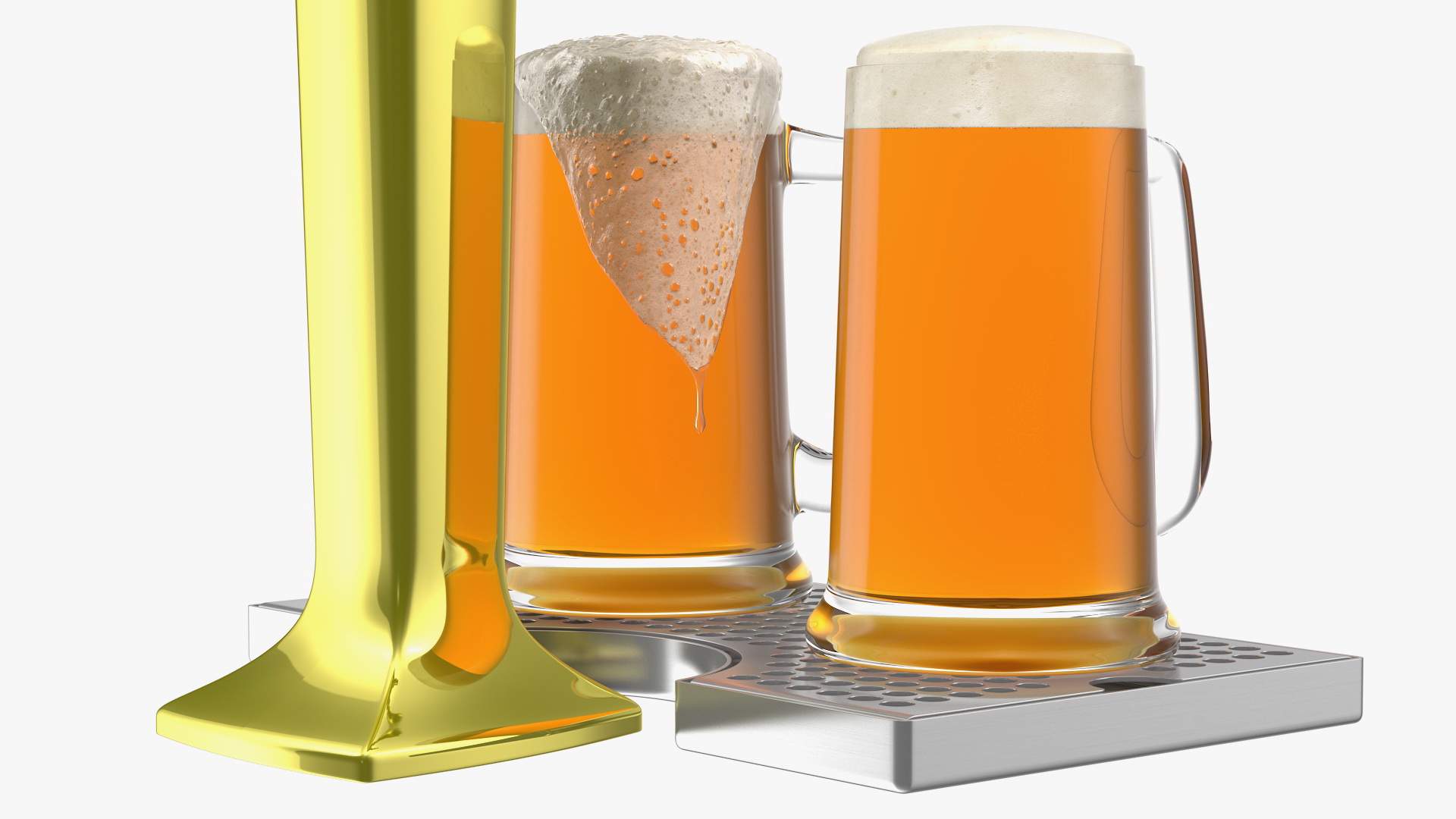 3D Triple Tap Brass Draft Beer Tower with Beer Mugs model