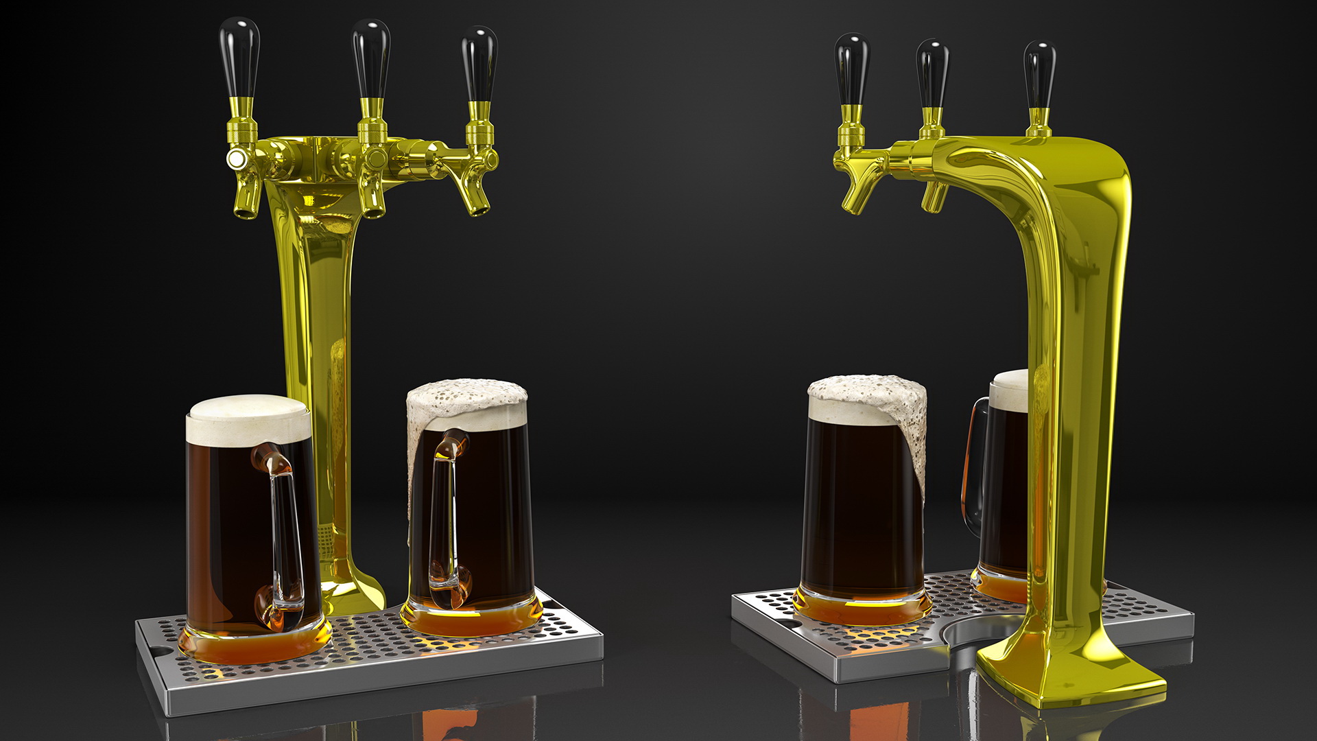 3D Triple Tap Brass Draft Beer Tower with Beer Mugs model