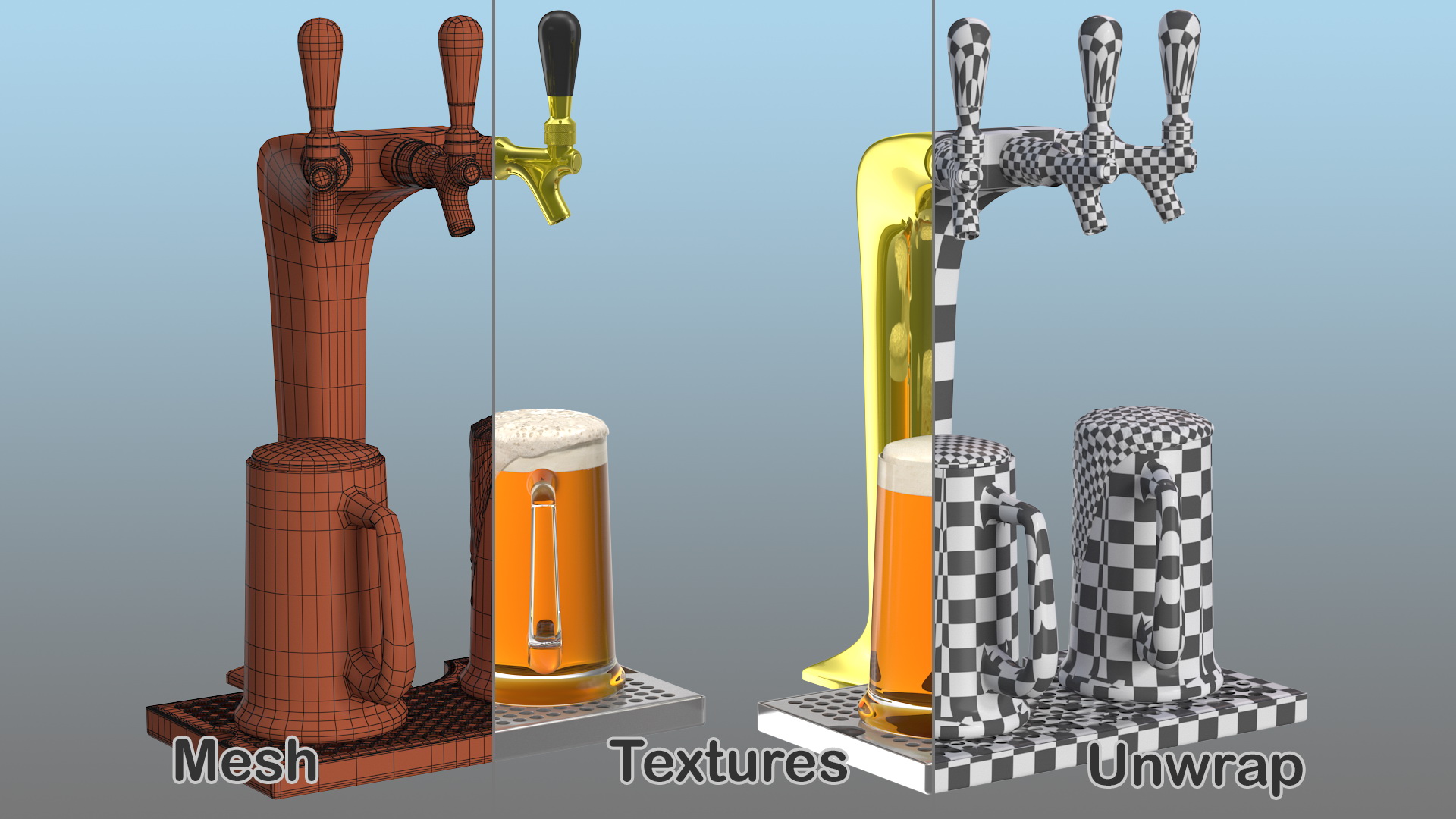 3D Triple Tap Brass Draft Beer Tower with Beer Mugs model