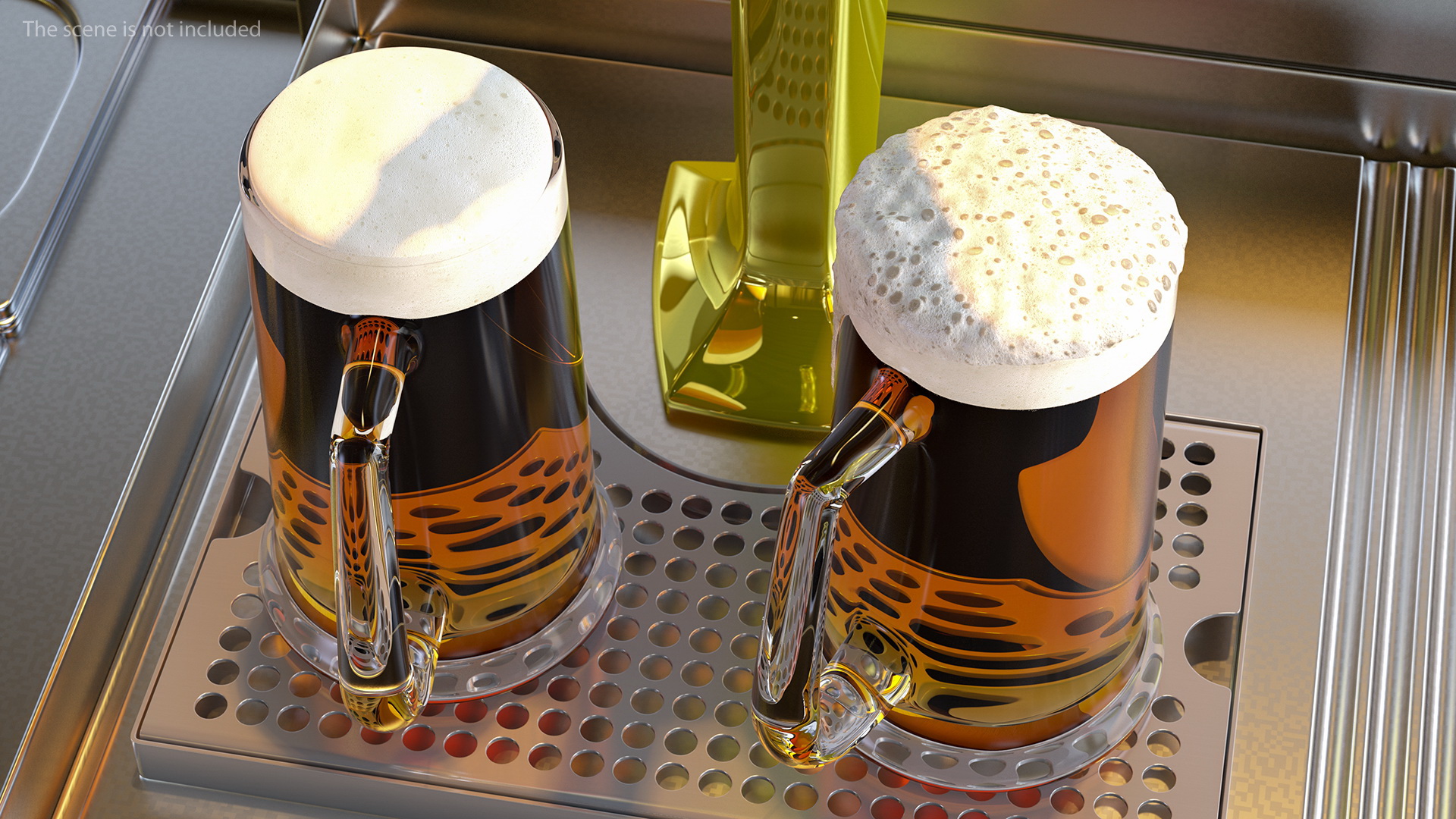 3D Triple Tap Brass Draft Beer Tower with Beer Mugs model