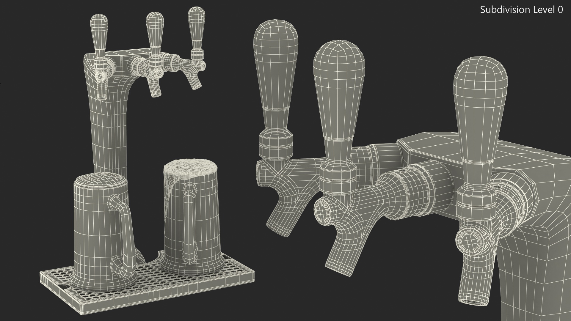 3D Triple Tap Brass Draft Beer Tower with Beer Mugs model