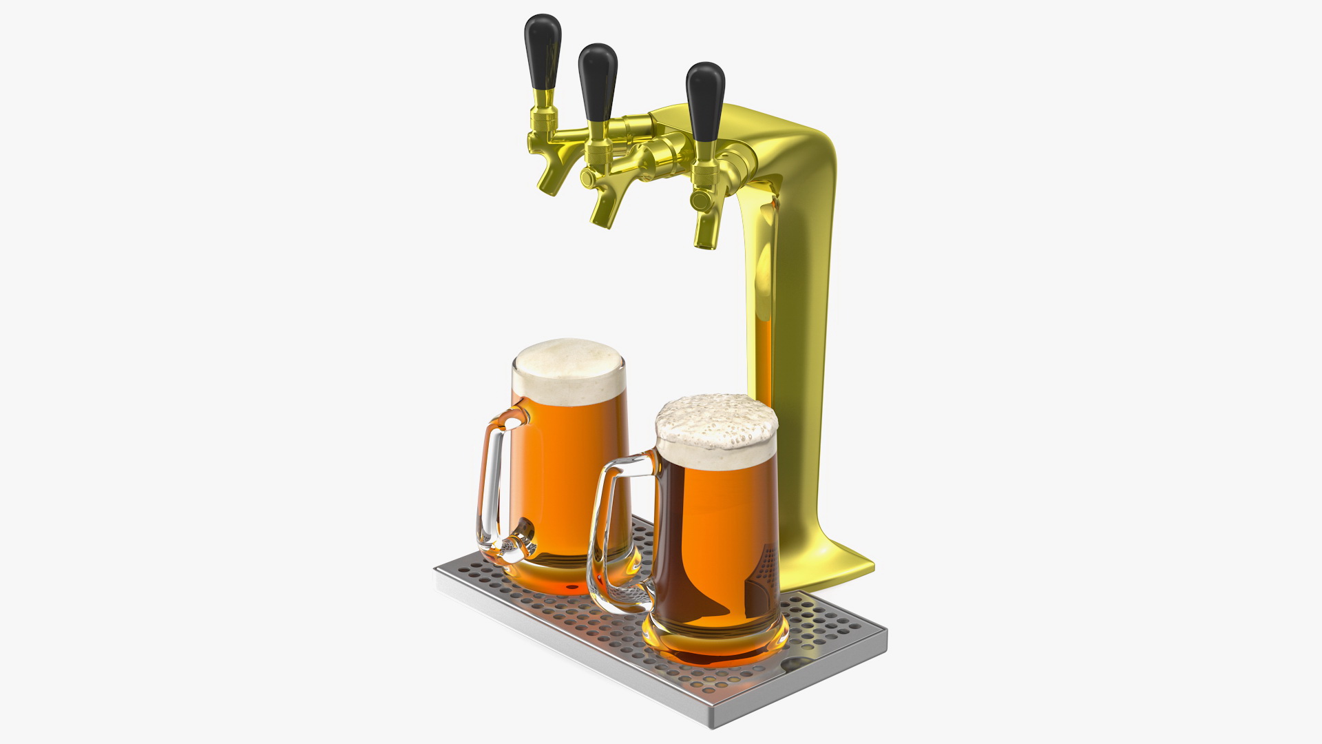 3D Triple Tap Brass Draft Beer Tower with Beer Mugs model