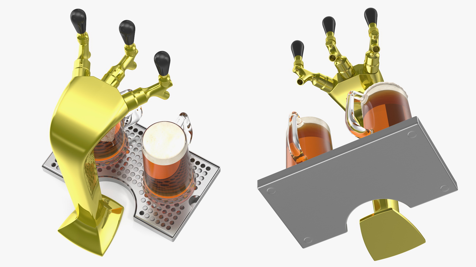 3D Triple Tap Brass Draft Beer Tower with Beer Mugs model